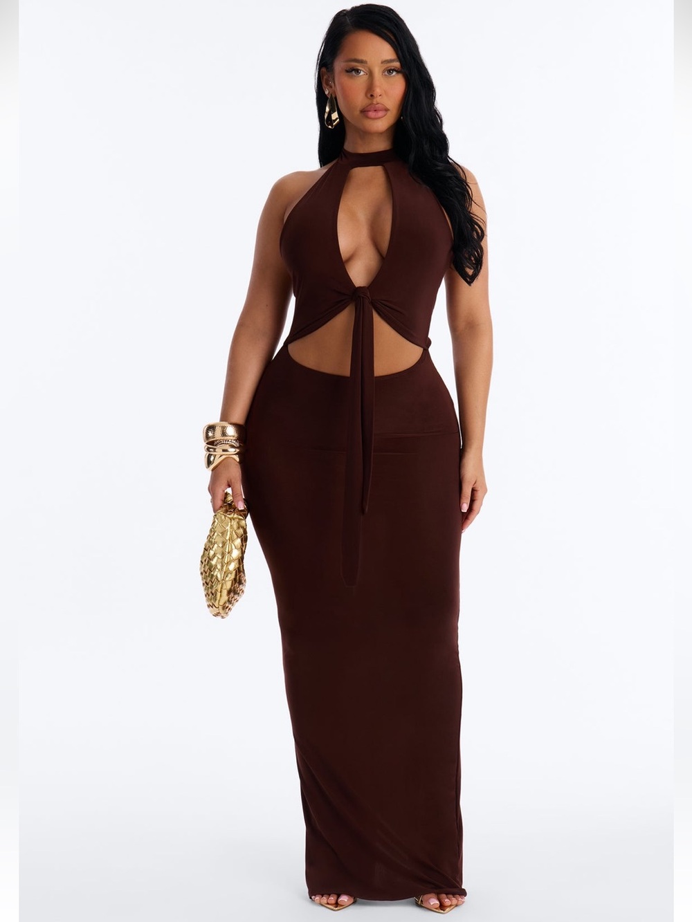 Fashion Nova Chocolate Brown Tie-Front Cutout Maxi Dress